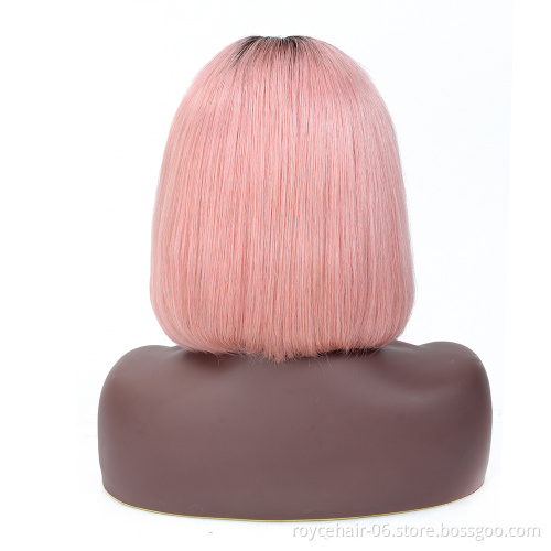 Ombre Pink Color Virgin Original Real Virgin Remy Indian Raw Human Hair Pixie Cut HD Sillk base Lace Front Straight Bob Wigs